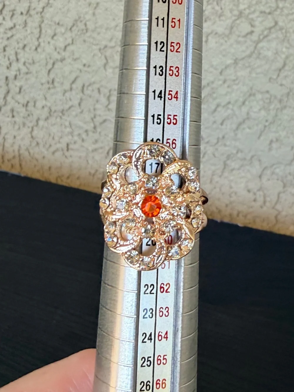 Intricate Rose Gold Floral Statement Ring with Orange Center Stone